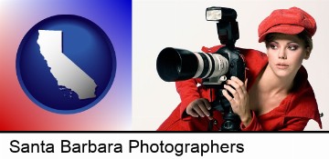 a female photographer with a camera and a tripod in Santa Barbara, CA