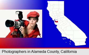 a female photographer with a camera and a tripod; Alameda County highlighted in red on a map