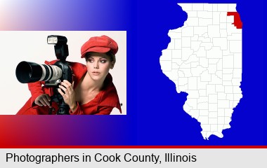 a female photographer with a camera and a tripod; Cook County highlighted in red on a map