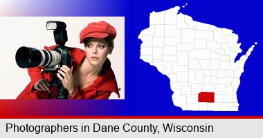 a female photographer with a camera and a tripod; Dane County highlighted in red on a map