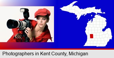 a female photographer with a camera and a tripod; Kent County highlighted in red on a map