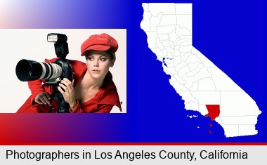 a female photographer with a camera and a tripod; Los Angeles County highlighted in red on a map