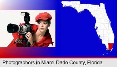 a female photographer with a camera and a tripod; Miami-Dade County highlighted in red on a map