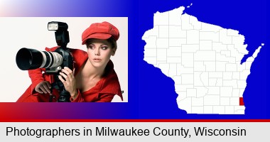 a female photographer with a camera and a tripod; Milwaukee County highlighted in red on a map