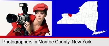 a female photographer with a camera and a tripod; Monroe County highlighted in red on a map