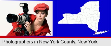 a female photographer with a camera and a tripod; New York County highlighted in red on a map
