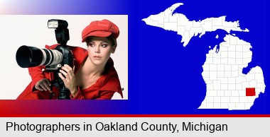 a female photographer with a camera and a tripod; Oakland County highlighted in red on a map