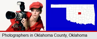 a female photographer with a camera and a tripod; Oklahoma County highlighted in red on a map