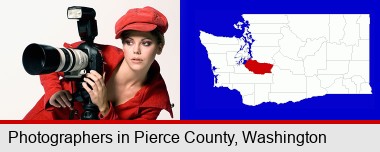 a female photographer with a camera and a tripod; Pierce County highlighted in red on a map