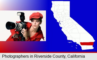 a female photographer with a camera and a tripod; Riverside County highlighted in red on a map