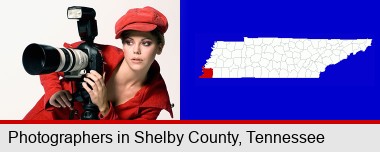 a female photographer with a camera and a tripod; Shelby County highlighted in red on a map