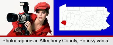 a female photographer with a camera and a tripod; Allegheny County highlighted in red on a map