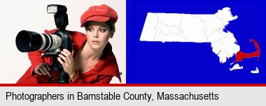 a female photographer with a camera and a tripod; Barnstable County highlighted in red on a map