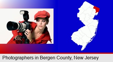 a female photographer with a camera and a tripod; Bergen County highlighted in red on a map