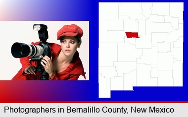 a female photographer with a camera and a tripod; Bernalillo County highlighted in red on a map