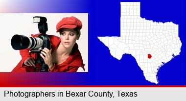 a female photographer with a camera and a tripod; Bexar County highlighted in red on a map