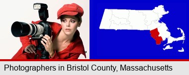 a female photographer with a camera and a tripod; Bristol County highlighted in red on a map