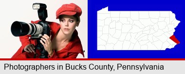 a female photographer with a camera and a tripod; Bucks County highlighted in red on a map