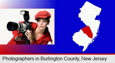 a female photographer with a camera and a tripod; Burlington County highlighted in red on a map