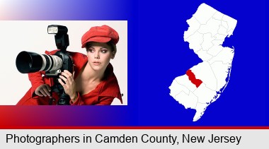 a female photographer with a camera and a tripod; Camden County highlighted in red on a map