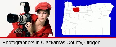 a female photographer with a camera and a tripod; Clackamas County highlighted in red on a map