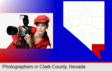 a female photographer with a camera and a tripod; Clark County highlighted in red on a map