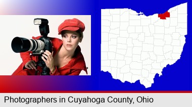 a female photographer with a camera and a tripod; Cuyahoga County highlighted in red on a map