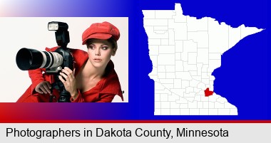 a female photographer with a camera and a tripod; Dakota County highlighted in red on a map