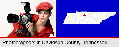a female photographer with a camera and a tripod; Davidson County highlighted in red on a map