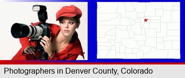 a female photographer with a camera and a tripod; Denver County highlighted in red on a map