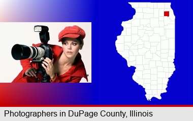 a female photographer with a camera and a tripod; DuPage County highlighted in red on a map