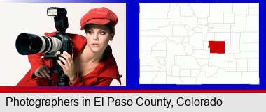 a female photographer with a camera and a tripod; Elbert County highlighted in red on a map