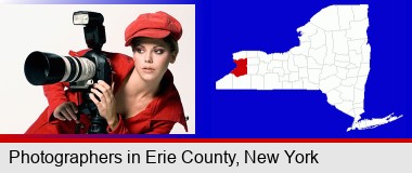 a female photographer with a camera and a tripod; Erie County highlighted in red on a map