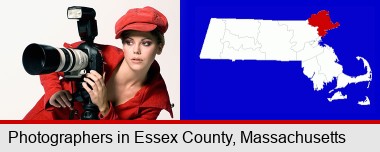 a female photographer with a camera and a tripod; Essex County highlighted in red on a map