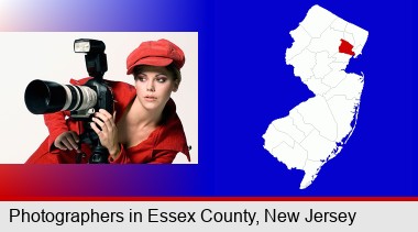 a female photographer with a camera and a tripod; Essex County highlighted in red on a map
