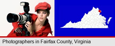 a female photographer with a camera and a tripod; Fairfax County highlighted in red on a map