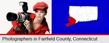 a female photographer with a camera and a tripod; Fairfield County highlighted in red on a map