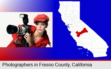 a female photographer with a camera and a tripod; Fresno County highlighted in red on a map