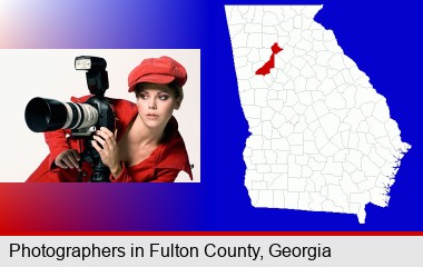 a female photographer with a camera and a tripod; Fulton County highlighted in red on a map