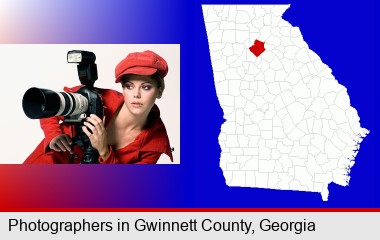 a female photographer with a camera and a tripod; Gwinnett County highlighted in red on a map