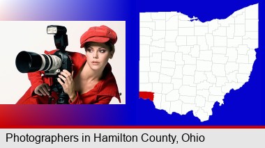 a female photographer with a camera and a tripod; Hamilton County highlighted in red on a map