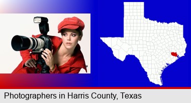 a female photographer with a camera and a tripod; Harris County highlighted in red on a map