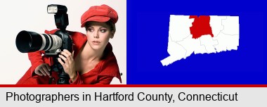a female photographer with a camera and a tripod; Hartford County highlighted in red on a map