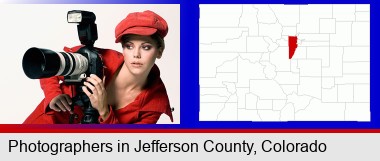 a female photographer with a camera and a tripod; Jefferson County highlighted in red on a map