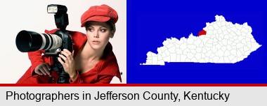 a female photographer with a camera and a tripod; Jefferson County highlighted in red on a map