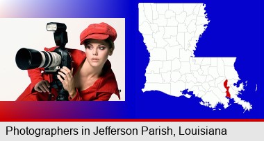 a female photographer with a camera and a tripod; Jefferson Parish highlighted in red on a map
