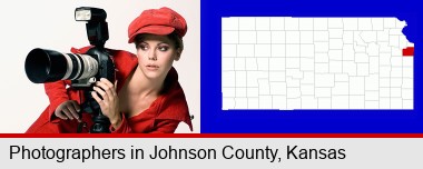 a female photographer with a camera and a tripod; Johnson County highlighted in red on a map