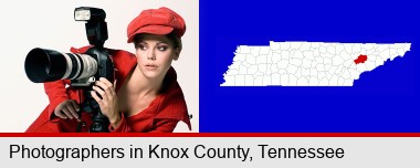 a female photographer with a camera and a tripod; Knox County highlighted in red on a map