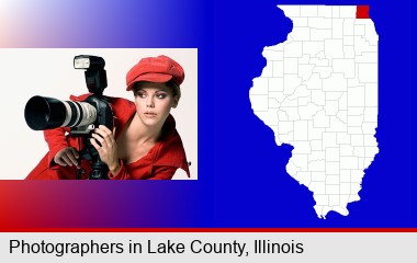 a female photographer with a camera and a tripod; LaSalle County highlighted in red on a map
