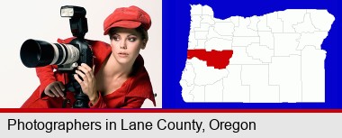 a female photographer with a camera and a tripod; Lane County highlighted in red on a map